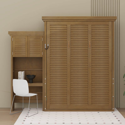 Grand lit escamotable avec tablettes de rangement, armoire de lit escamotable cachée avec conception à persiennes, tablettes de rangement installées sur le côté gauche ou droit
