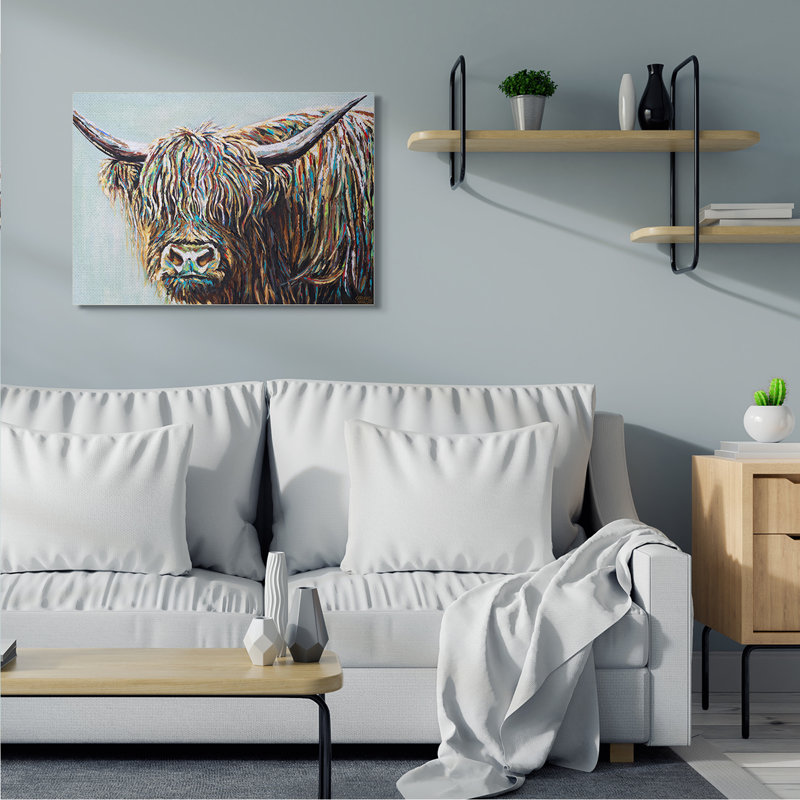 «Whimsical Rainbow Hair Woolly Highland Bétail» par Carolee Vitaletti - impression sur toile, Toile tendue, H 30 po x l 40 po