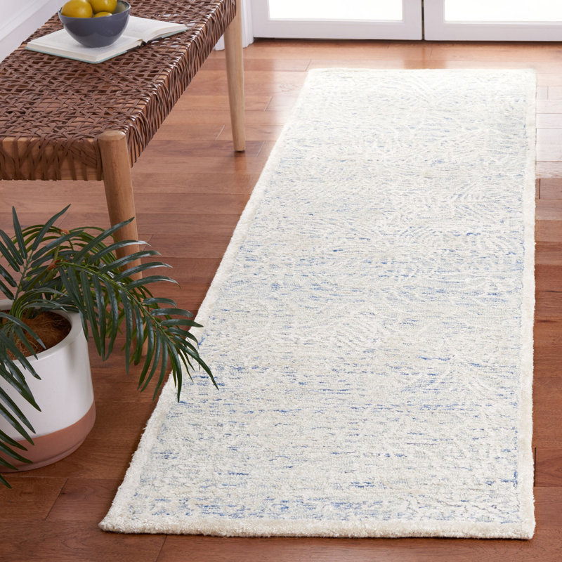 Gorete Hand Tufted Wool/Bamboo Silk/Cotton with Cotton Backing Floral Rug in Blue/Ivory, Runner 2'3" x 8'