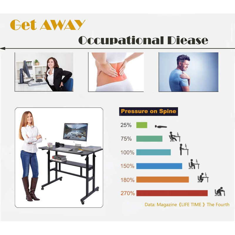 Adjustable Computer Desk Rolling Laptop Cart On Wheels Home Office Computer Workstation, Portable Laptop Stand Tall Table For Standing Or Sitting, 39.4" X 23.6"
