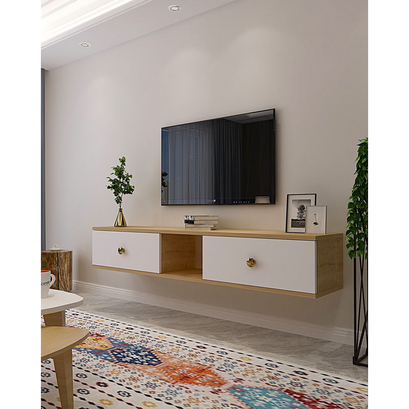 Modern Wall-Mountable TV Stand, Sapphire Oak & White, 59.1 x 10.0 x 15.6 inches | 100% Melamine Coated Particle Board, Thickness: 0.7 inches | Stylish & Functional Design for Living Room & Entertainment Spaces