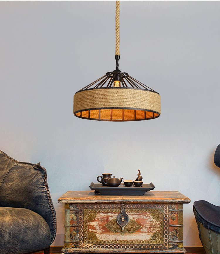 endant Light Metal & Hemp Rope Adjustable Ceiling Lamp Vintage Industrial Retro Open Cage Lampshade for Kitchen Bedroom Living Room Dining Table Cafe