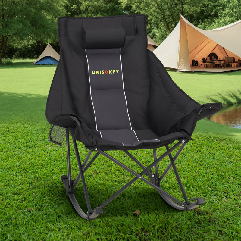  Fauteuil de camping berçant surdimensionné pliable pour l'extérieur avec porte-gobelet, support 300 lb, Gris profond / noir