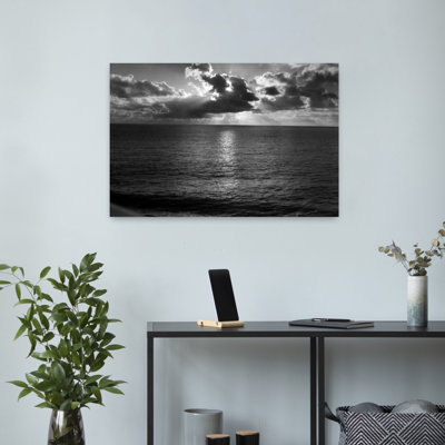 1930S Sunset Partially Blocked By Clouds Over Calm Sea Classic Peaceful Retro Nature Ocean Wall Art