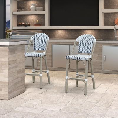 Set Of 2 French Country Bar Stools With Rattan Back, Champagne/bamboo Print Height Stools