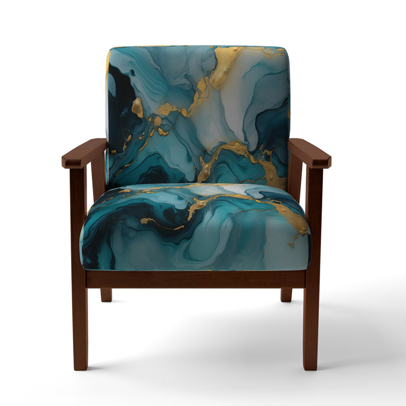 Berdahl Marble Upholstered Armchair, Turquoise/Gold Polyester, Brown Square Arms
