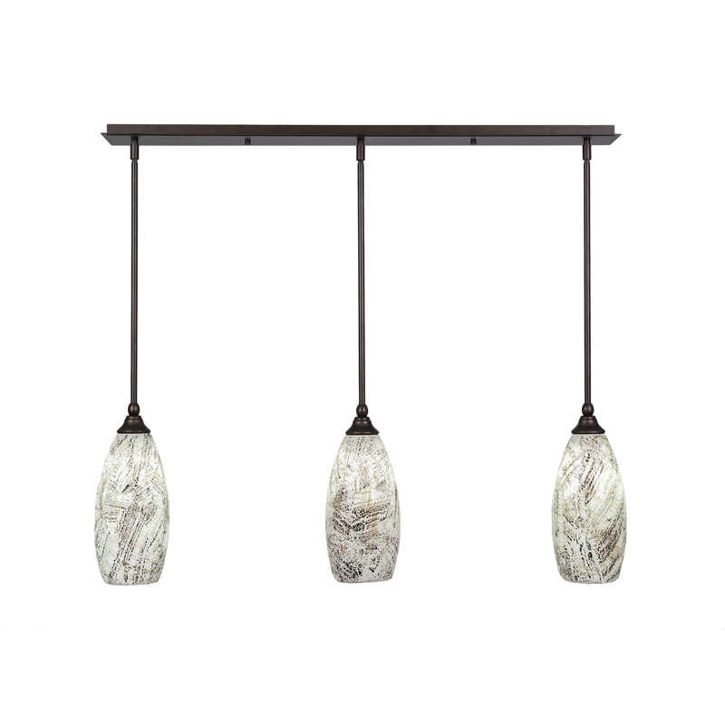 3 Light Stem Hung Linear Pendalier Shown With 5.5" Natural Fusion Glass, Bronze