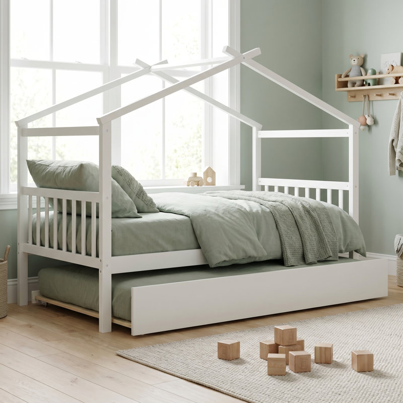 Lit simple en bois blanc avec lit gigogne - Rêves d'enfant inspirants pour les enfants de 6 ans et plus, Blanc
