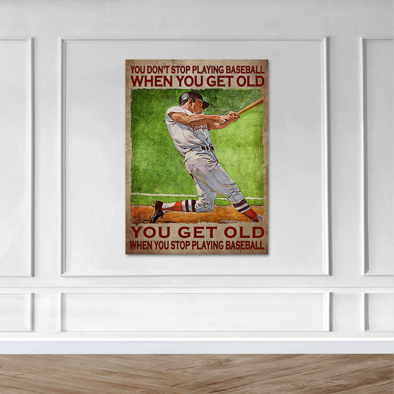 «Man Plays Baseball - You Don't Stop Play Baseball…», toile tendue avec châssis - Illustration de sport, décor de salon blanc et vert