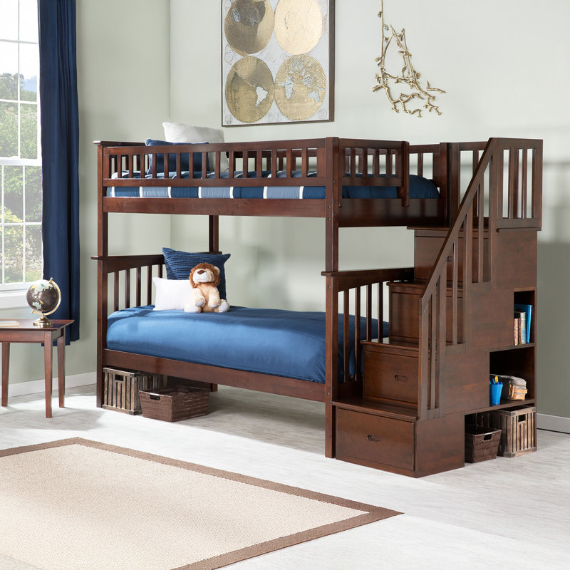 Flinn Kids Solid Wood Staircase Bunk Bed, Twin over Twin, Walnut