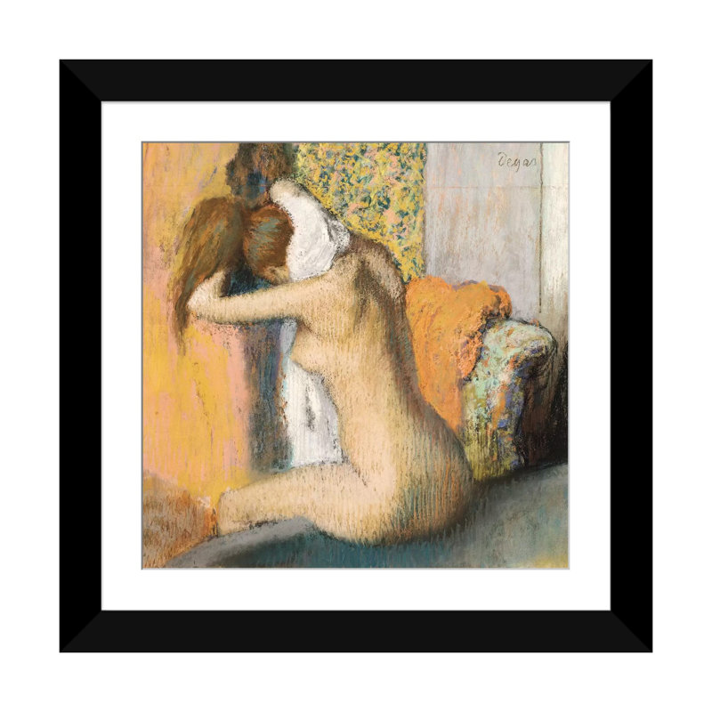 «After The Bath» par Edgar Degas, impression sur toile tendue, H 16 po x l 16 po x P 1 po, Papier d'art encadré noir, Blanc