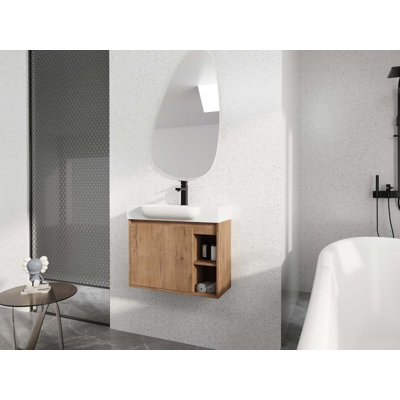 Meuble-lavabo mural avec lavabo en céramique et porte à fermeture en douceur