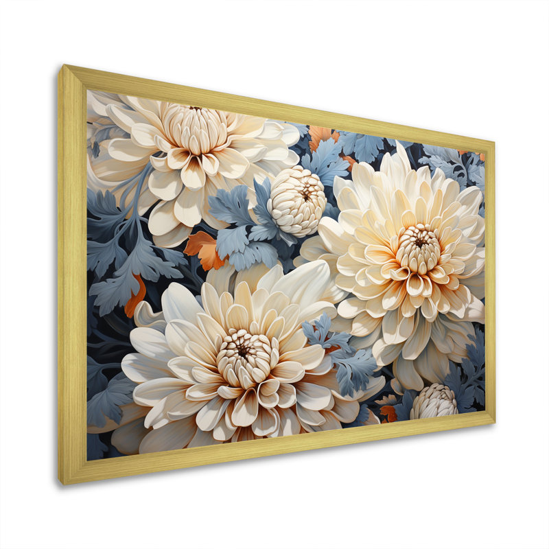 «White and Blue Chrysanthemums», mosaïque sur toile, Cadre doré simple, H 12 po x l 20 po x P 1 po