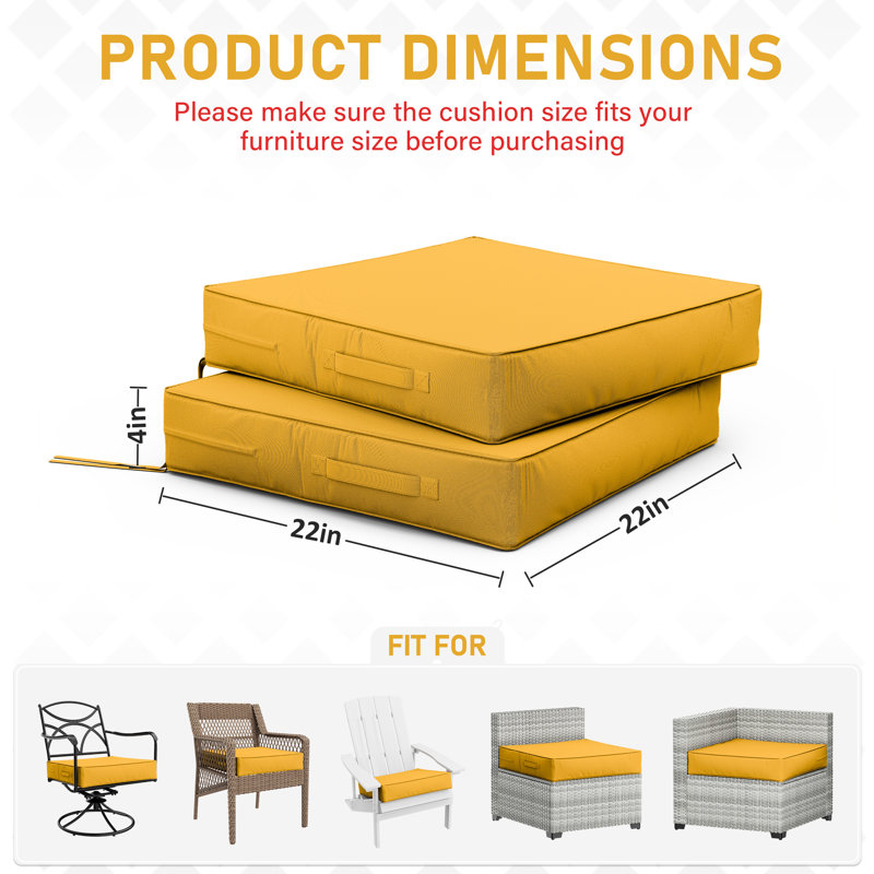 Coussins de siège d'extérieur (ensemble de 2), Jaune, 4 pouces, L 22 po x P 22 po