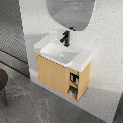 Meuble-lavabo mural 24 po avec lavabo en céramique blanche et porte à fermeture en douceur, emballage KD, chêne clair