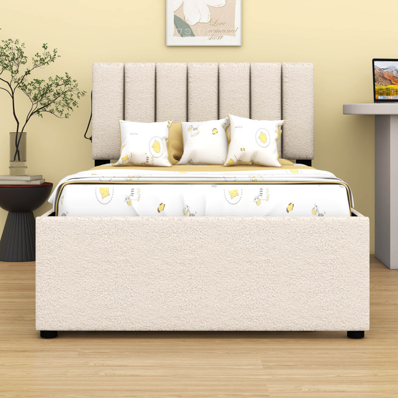 Lit plateforme tapissier simple Teddy, Beige