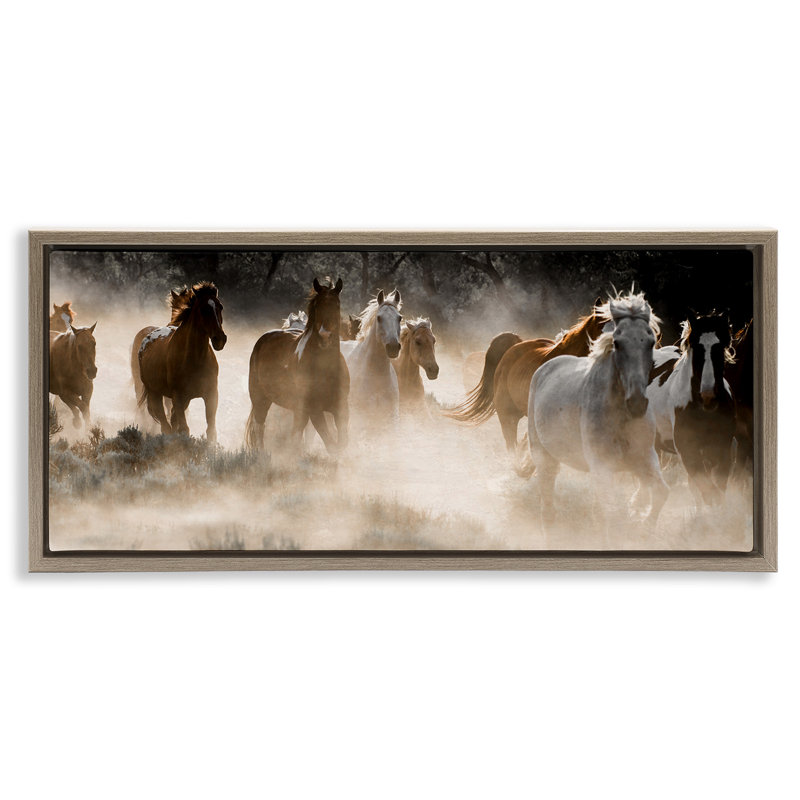 Troupeau de chevaux au galop, H 11 po x l 25 po, Cadre flottant orme Montalcino