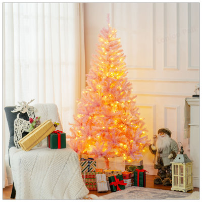 Grand arbre de Noël pré-éclairé avec des branches de sapin Douglas réalistes, 250 lumières DEL blanc chaud et 1000 pointes, rose