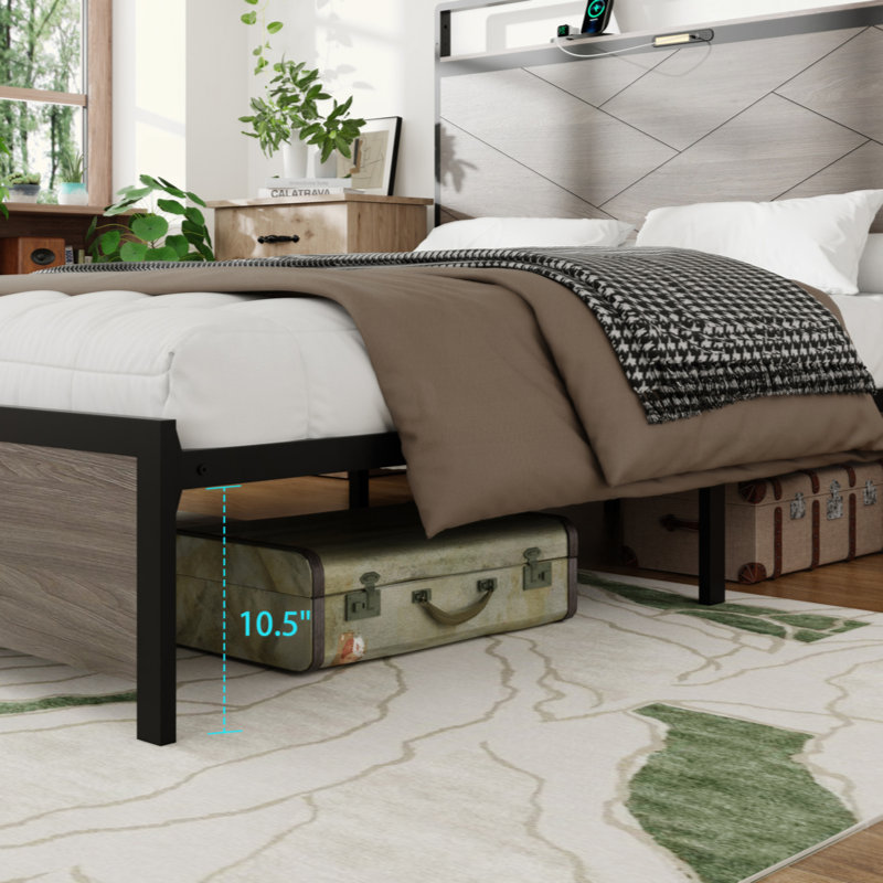Cadre de lit très grand, cadre de lit plateforme en bois avec tête de lit à DEL avec rangement et 2 ports USB, aucun bruit, aucun matelas à ressorts requis et outils d'assemblage simples, grand rangement sous le lit, gris antique