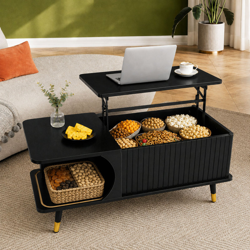 Table basse à plateau relevable en bois avec compartiment caché et grande tablette de rangement, table de salle à manger pour le bureau