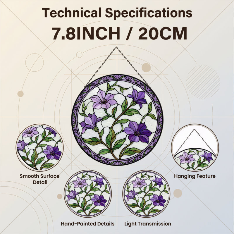 7.8"H Purple Flowers Stained Glass Window Panel, 7.8" H x 7.8" W