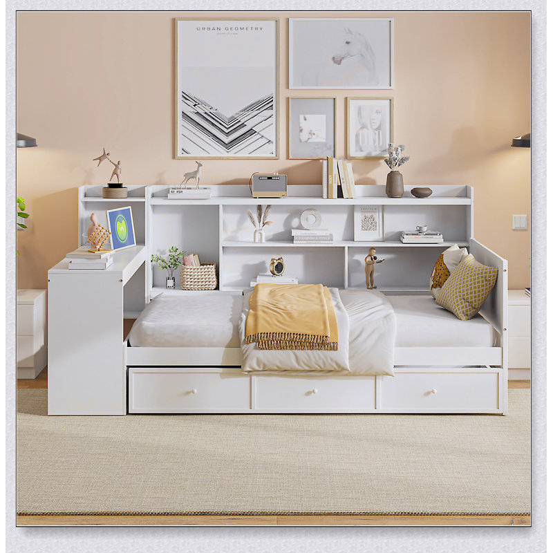 Lit de jour en bois avec 3 tiroirs, ports USB et bureau, Blanc