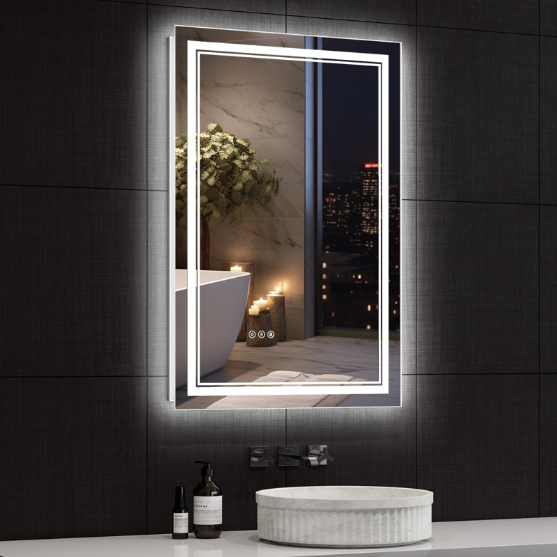 LED Lighted Bathroom Mirror: Front and Backlit, Tempered Glass, 3 Colors, Dimmable, CRI 90+, Defog, 36" x 24"