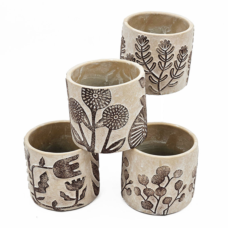 Gray Sand and Cement Planters with Brown Botanical Motifs