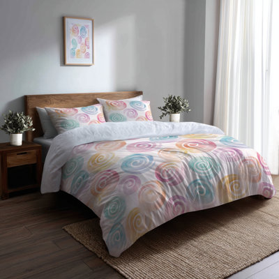Ensemble de literie pour enfants 3 pièces - Ensemble de housse de couette et coussin décoratif Motion Pastel Spirals