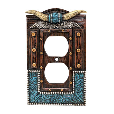Resin Western Wall Plate Cover Faux Horns and Tooled Leather-Inspired Design