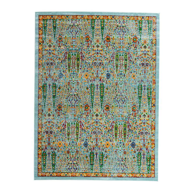 Round Floral Power Loomed Polypropylene Area Rug in Aqua/Blue/Orange, Rectangle 9' x 12'