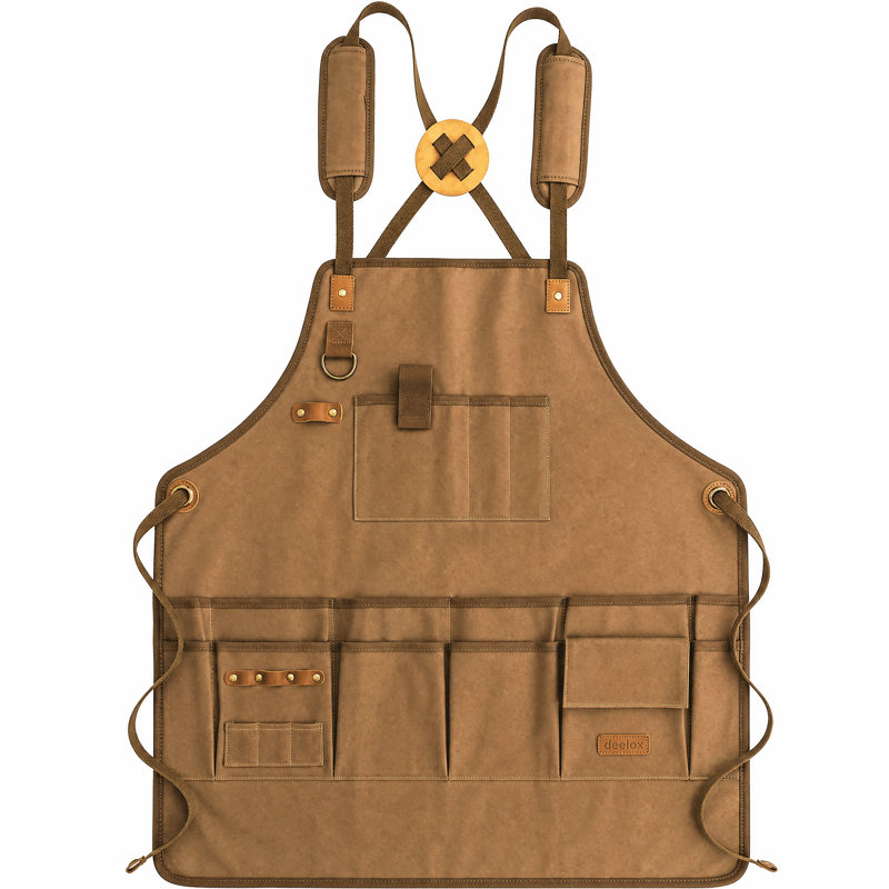 Waxed Canvas Work Apron with Multi-Pockets & Tool Loops, 70 x 74 cm Heavy Duty Woodworker Apron, Adjustable Cross Back Strap, Khaki & Camel Options for Carpenter, Workshop & Gardening