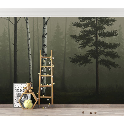 Moody Forest Wallpaper Mural, Birch and Pine Trees in Fog, Dark Olive Woodland Wall Art, Quiet Luxury Nature Deco