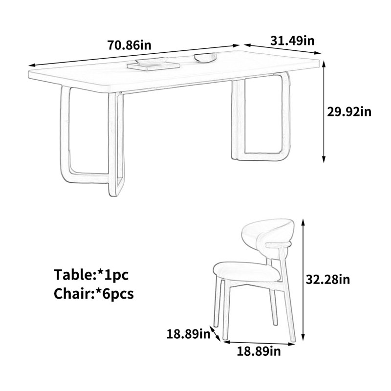 Élégante table de salle à manger française, 7 pièces : table, 6 chaises, 29,92 po H x 70,86 po L x 31,49 po D