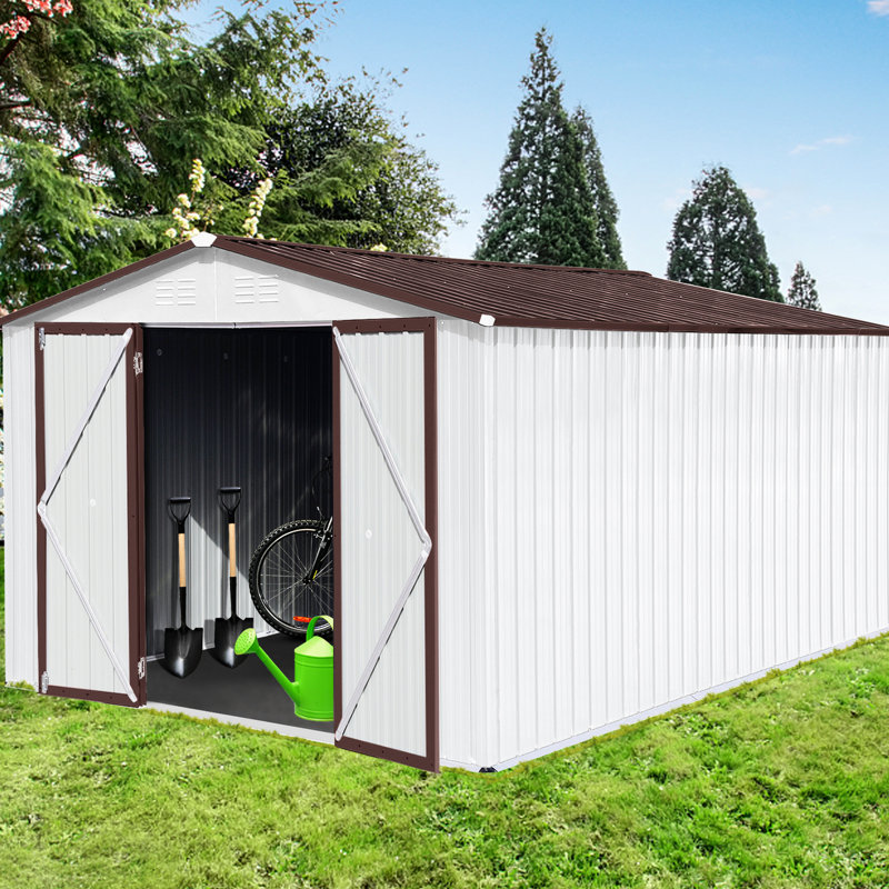 Garden Metal Shed 10Ftx12 - Weather- Construction Storage 10X12 Customizable Hinged Door, Dark Brown/White