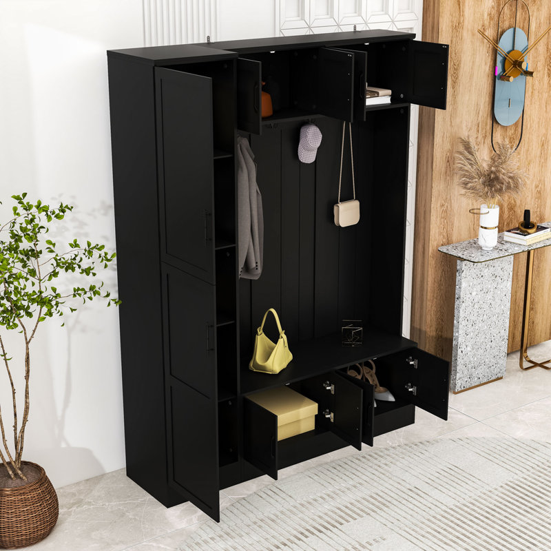 Minimalist Hall Tree with Cabinets, Adjustable Shelves, Bench Seating, Black