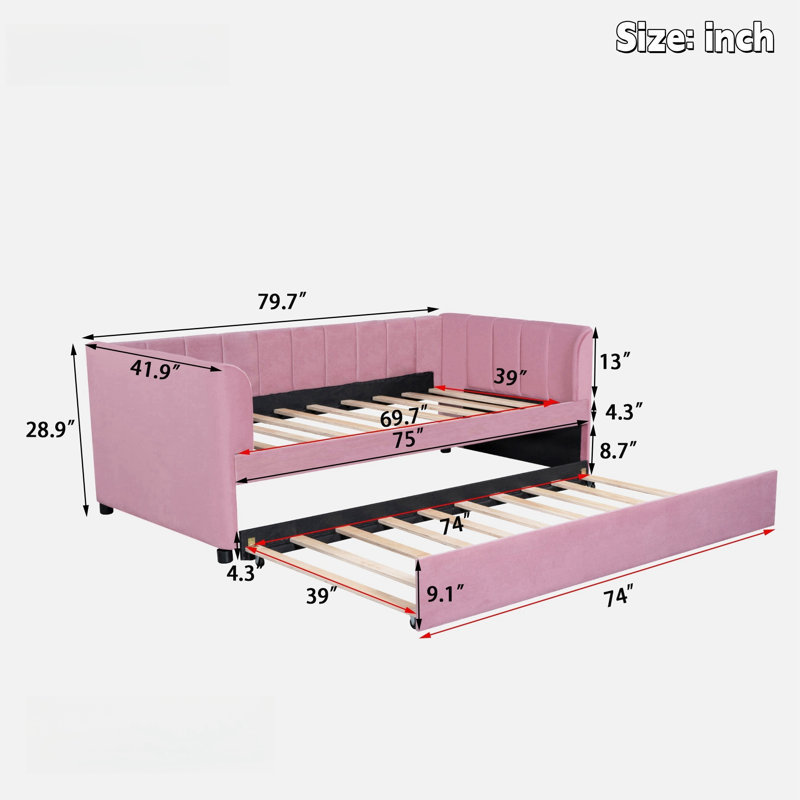 Aliasa Upholstered Daybed with Ergonomic Design Backrest and Trundle, Pink
