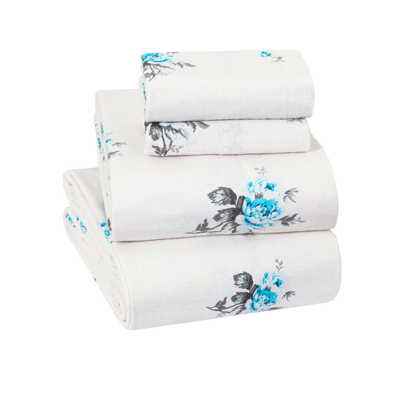 Colyt 100% Cotton Flannel Sheet Set, Queen Sheet Case Pack+Fitted Sheet + 2Pillowcase, Blue Floral