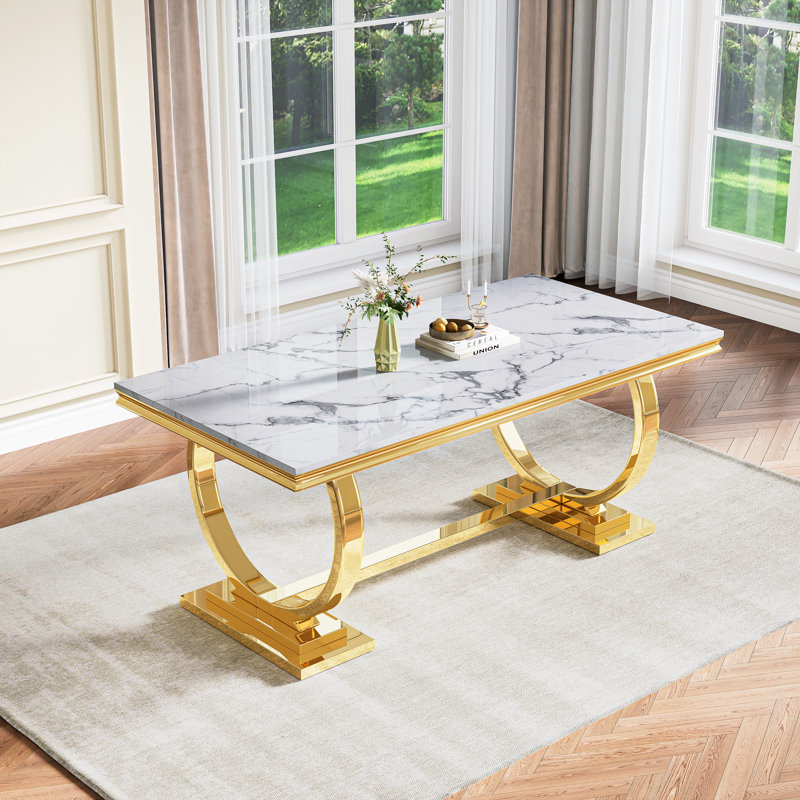 Metal Base Dining Table, White, Gold