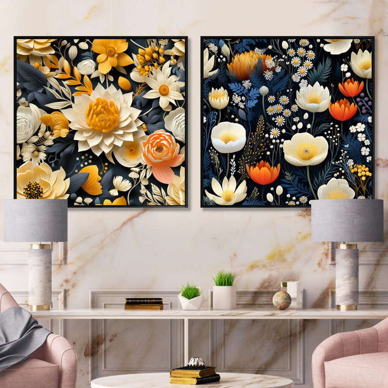 Palermo - Ensemble de 2 collages floraux carrés, Cadre flottant noir, H 16 po x l 33 po