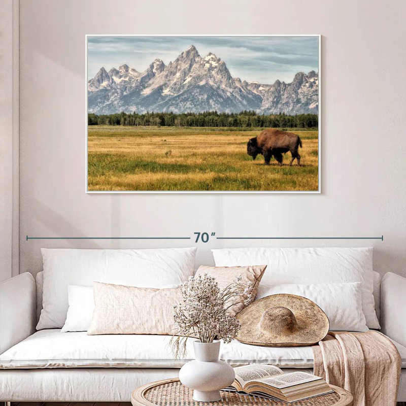 Bull Bison à Grand Teton, Cadre flottant blanc, 46 po x 31 po