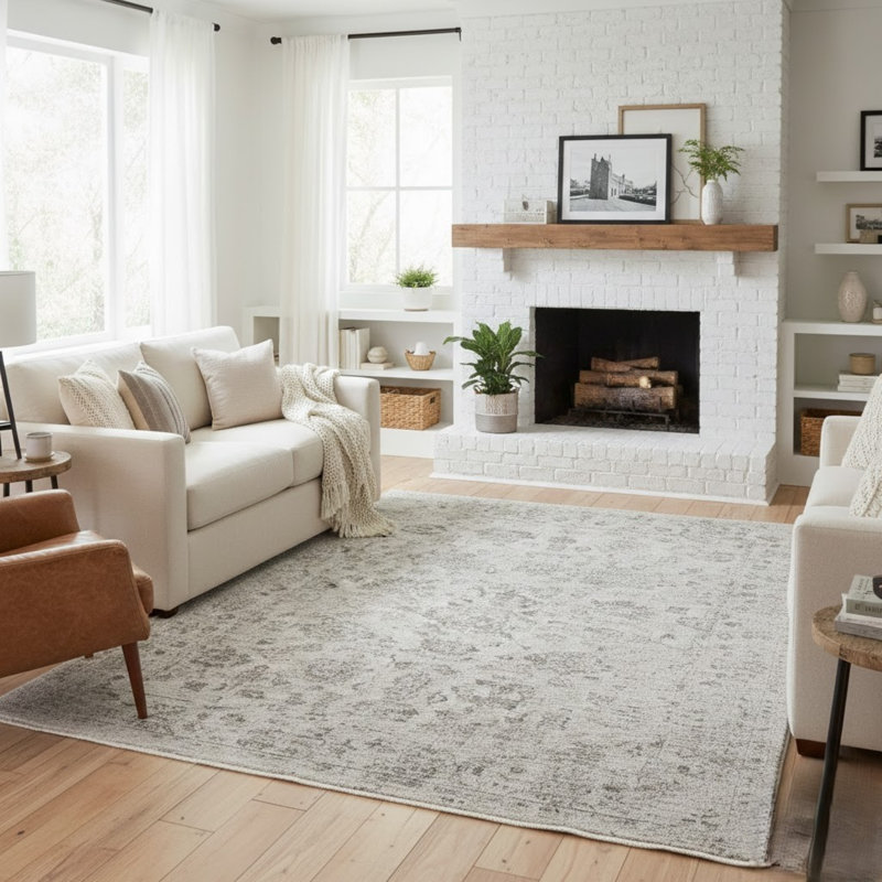 Sealy Easton Floral & Botanical Distressed Vintage Turkish Area Rug with Fringe, Beige, Rectangle 4'11" x 7'6"