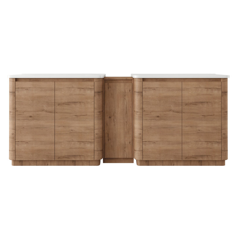 Meuble-lavabo autoportant de 84 po avec lavabo en céramique blanche et 1 petite armoire de rangement, porte à fermeture en douceur, chêne imitation, emballage KD, contreplaqué