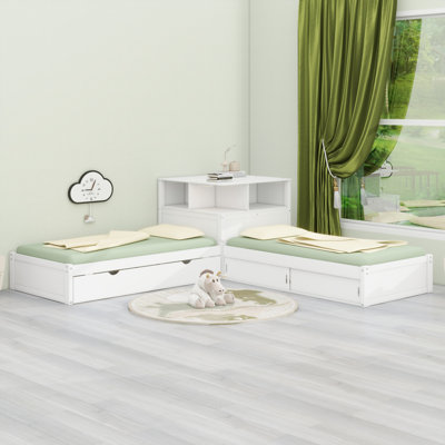 Lit plateforme en L avec bureau intégré, tablettes de rangement, lit gigogne et lumières DEL