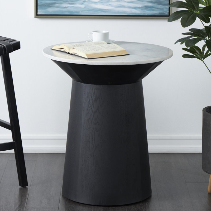 Table d'appoint d'appoint géométrique en marbre blanc avec base en bois noir