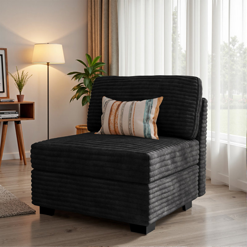 32.7'' Corduroy Upholstered Modular Armless Chair, Sectional Sofa Piece, Black