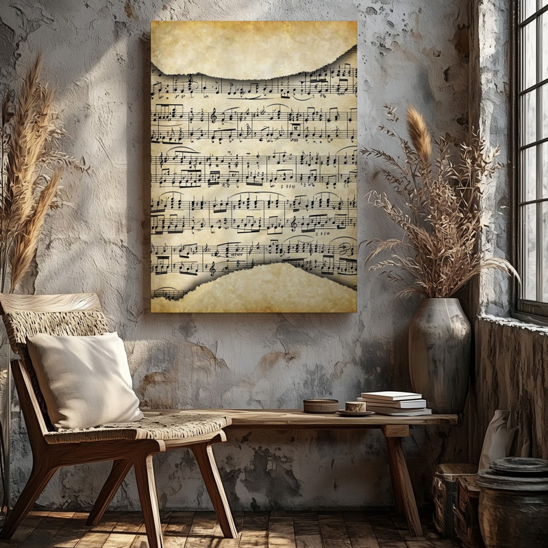 Toile, vue rapprochée d'une feuille déchirée d'art mural sur papier manuscrit avec notes noires complexes et symboles sur toile