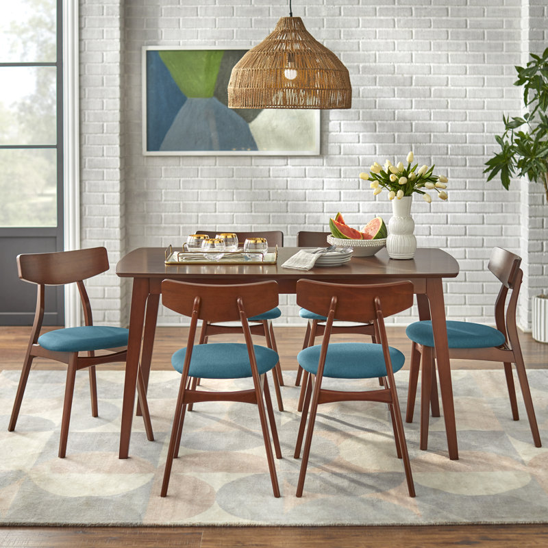 Brunehilde Dining Set, Walnut/Teal, 7 Pieces: Table, 6 Chairs