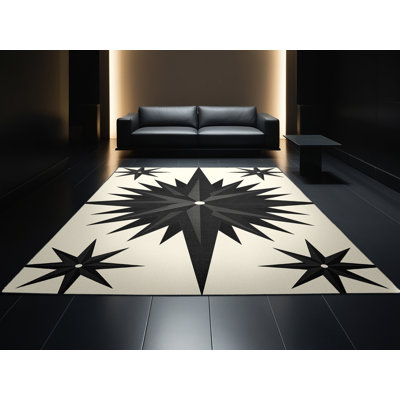 Tapis beige lavable à la machine à motif d'étoiles style Mid-Century Broker Shuriken