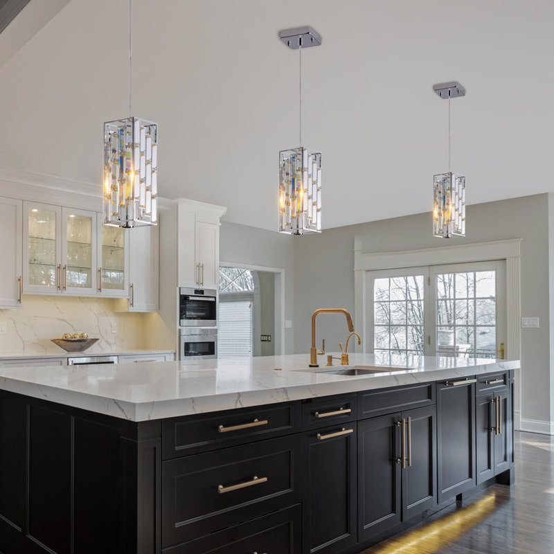 Ensemble de 3 lampes suspendues en cristal modernes réglables pour îlot de cuisine, salle à manger et salon au fini chromé